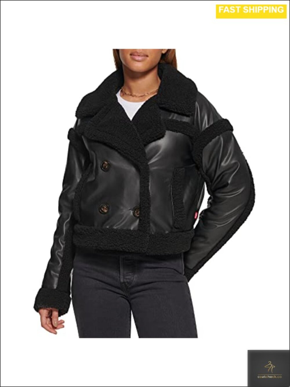 Sherpa Lined Cropped Moto Jacket Vegan Leather Button Front Women's